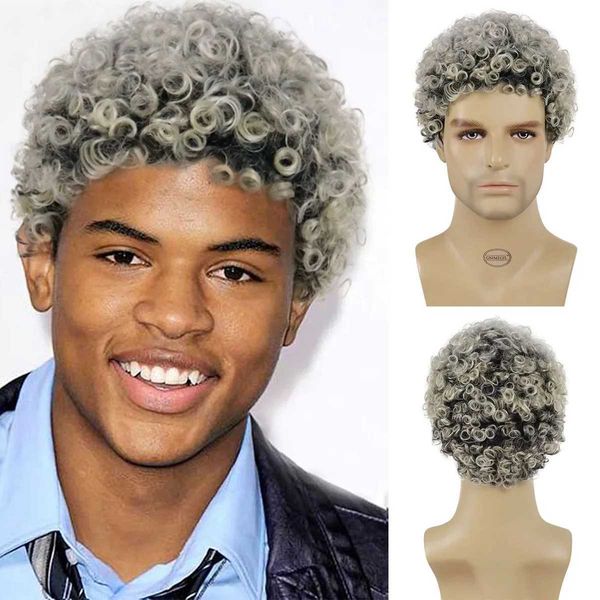 Perucas de cabelo sintético curto afro kinky encaracolado peruca de cabelo para homens negros ombre cinza peruca de alta temperatura natural festa diária peruca regular 240306