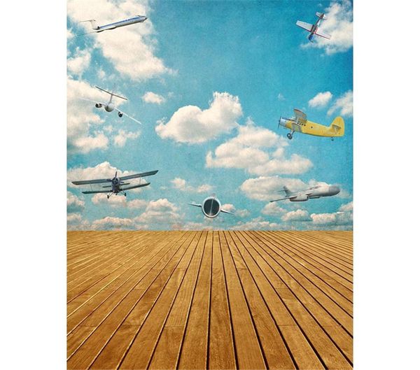 Blauer Himmel, weiße Wolken, Flugzeug-Pographie-Hintergrund, bedruckt, für Neugeborene, Babyparty, Requisiten, Junge, Kinder, Pilot, Po, Hintergrund, Holzboden9112021