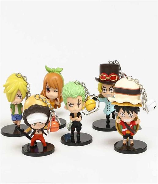 10cm One Piece Keychain Figuras de desenhos animados 6PcsSet Sabo Roronoa Zoro Sanji Nami Law Bell Chaveiro PVC Action Figures Modelo Toys5899767