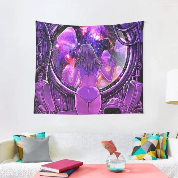 Wandteppiche „Ein Mädchen im lila Zimmer“, Wandteppich, Bettdekoration, niedliche Dekoration