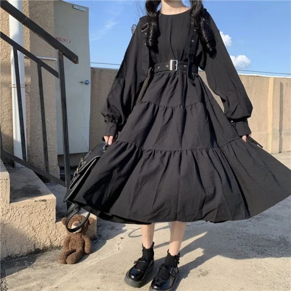 Kleider Kleid Frauen mit Gürtel Harajuku Lolita Party Stoffmädchen Chic Kawaii Lose Kleid Langarm Gothic Black Midi Kleider Vestidos