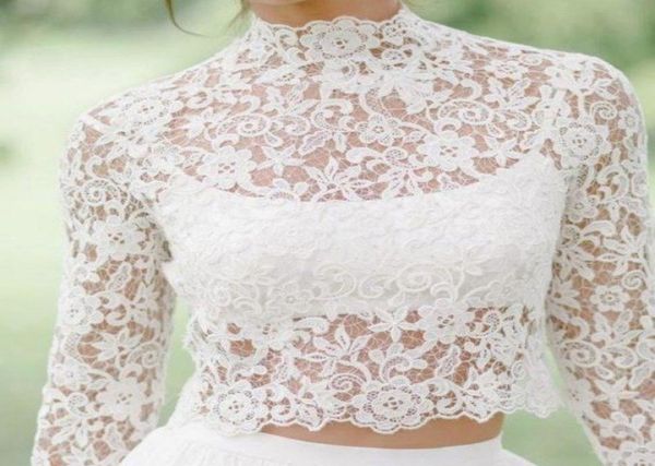 Giacca da sposa con applicazioni di pizzo vintage a maniche lunghe Collo alto Bolero da sposa floreale Giacche Manica lunga da sposa Bianco Avorio Avvolgente Cust6103696