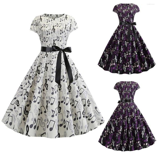 Vestidos casuais 2024 mulheres verão 50s 60s música nota impressão vestido robe retro balanço vintage sem mangas festa vestidos joelho-comprimento