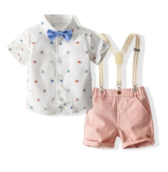 Одежда для джентльменов для маленьких мальчиков, летняя рубашка с короткими рукавами и пуговицами с рисунком автомобиля, топы, шорты на бретелях, брюки, комплект детской одежды 8069543