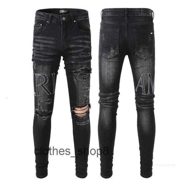 Denim amirs jeans designer calças homem outono 2024 novos homens preto quebrado bordado remendo elástico magro ajuste leggings 90y3