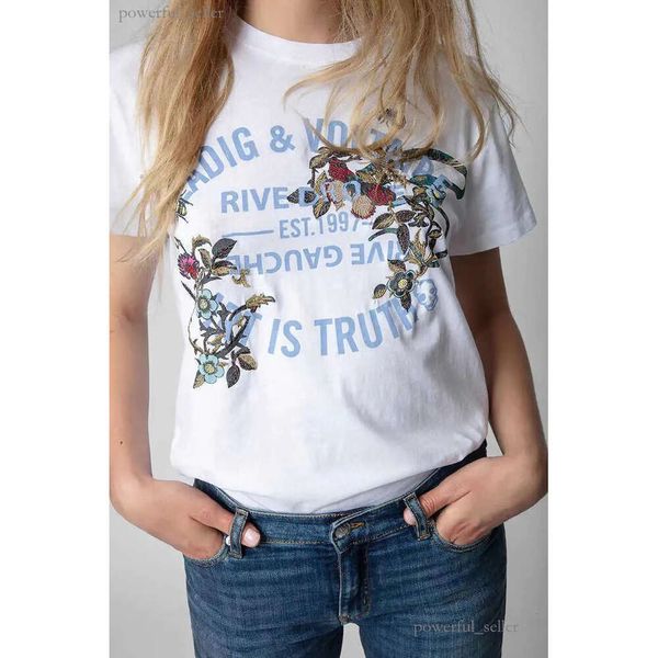 23ss Zadig Voltaire Дизайнерские футболки Классические футболки с буквенным принтом, цветочной змеиной вышивкой, вышитые женские футболки с короткими рукавами, футболки, топы 837
