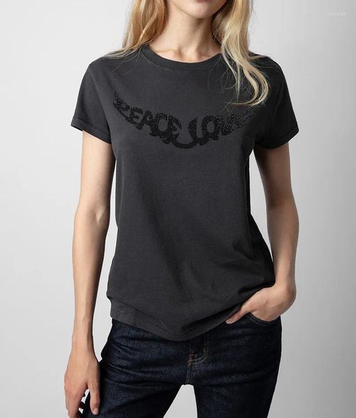 Camiseta feminina estilo francês casual topo 2024 verão pelúcia carta asa design algodão fino ajuste versátil manga curta camiseta