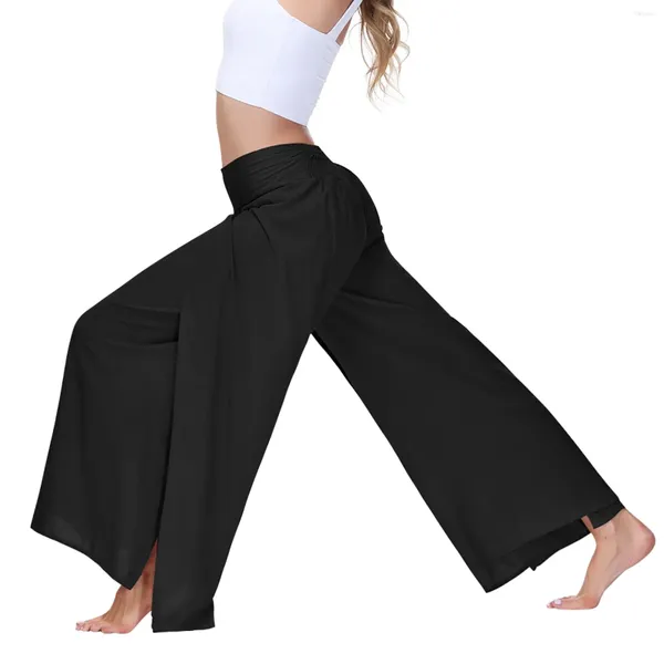 Женские брюки, женские широкие брюки с разрезом, высокой талией и эластичной резинкой на талии, плиссированные однотонные расклешенные брюки-палаццо, длинные брюки-клеш для отдыха
