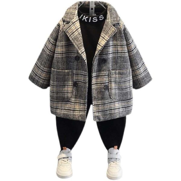 Cappotto di lana per ragazzi autunno e inverno nuova versione coreana per bambini alla moda giacca a vento di media lunghezza cappotto ispessito abiti scozzesi