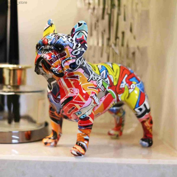 Oggetti decorativi Figurine Graffiti trasferimento d'acqua Bulldog francese decorazioni per la casa statue di animali in resina colorata ornamenti artigianali per desktop e scaffali