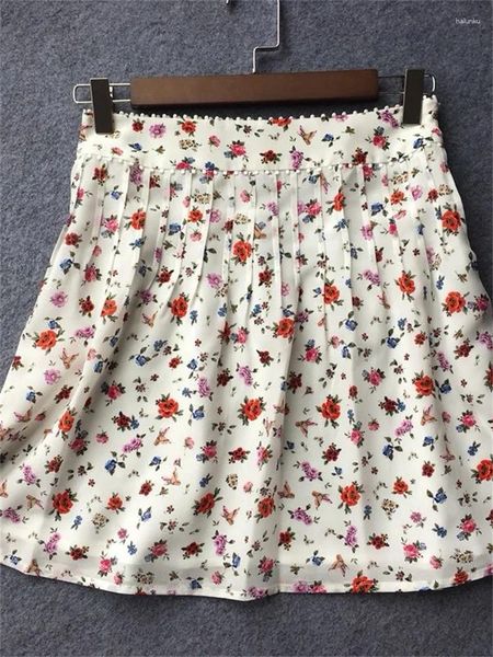 Saias doces Mini saia de estampa floral de seda para mulheres primavera de primavera alta cintura damas A-line Pleated Short Jupes