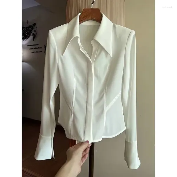 Camicette da donna Primavera Vintage Raso di seta Camicia da donna Colletto rovesciato Camicetta ampia da donna Camicie bianche a maniche lunghe Blusas Office Lady Tops