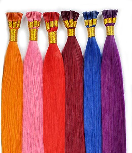 Verkaufe 100 echte brasilianische Keratin-Haarbehandlung I-Tip-Haarverlängerung Blau Rot Grau Rosa Rot Lila Verschiedene farbige Haare 1424i9079835