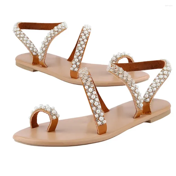 Sandalet seksi kadınlar kristal gündelik ayakkabılar yaz İnci Düz-Solun