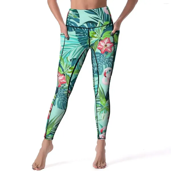 Leggings da donna Flamingo Flower Print Pantaloni da yoga da allenamento con foglie verde brillante Push Up Leggins casual Collant sportivi dal design ad asciugatura rapida
