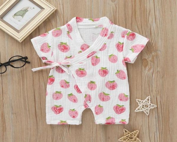 Nette Neugeborene Baby Mädchen Strampler Sommer Kleidung Rosa Erdbeere Kimono Infant Overall Gürtel Kleinkinder Mädchen Kleidung Baby Strampler 20207926931