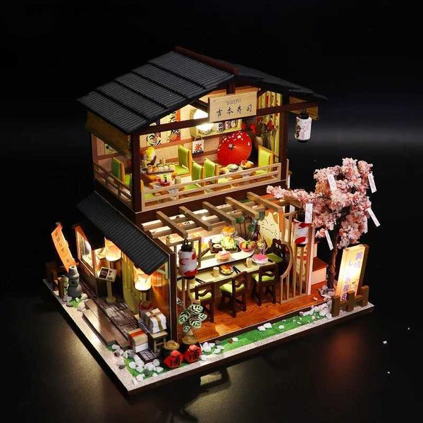 Arquitetura/casa diy criativa feita à mão e montada flor de cerejeira sushi loja casa de boneca meninas colegas de classe adolescentes adultos presentes de aniversário