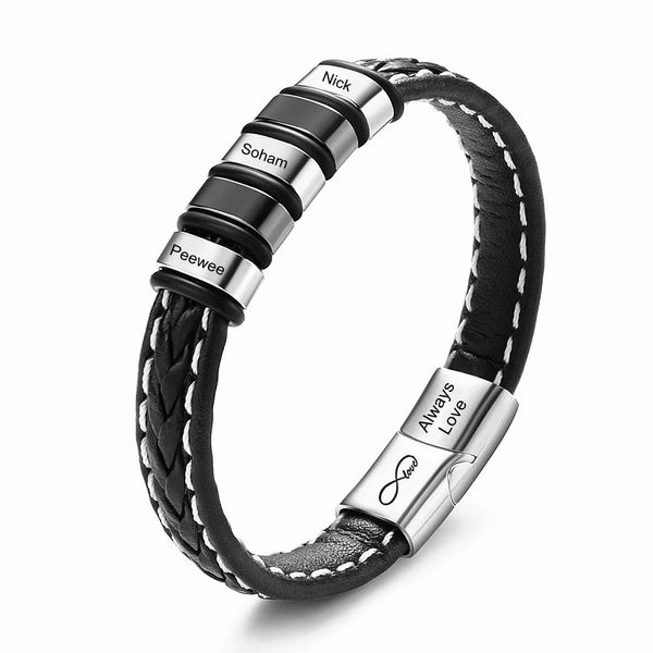 Nomes personalizados pulseira para homem personalizado pulseira jóias café preto pulseiras de couro ímã botão dia dos pais presentes da família 240227