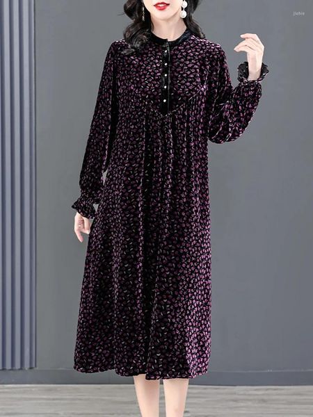 Vestidos casuais outono inverno roxo floral veludo chique midi vestido 2024 coreano vintage cintura solta mulheres elegante noite de luxo