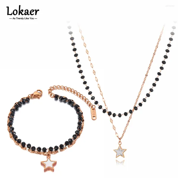 Комплект ожерелья и серег Lokaer из титана из нержавеющей стали с черным кристаллом и звездами, браслеты с подвесками, ожерелья, двухслойные ожерелья в богемном стиле для женщин SE127