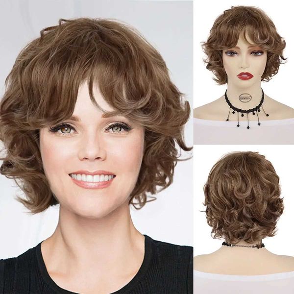 Perucas de cabelo sintético marrom curto encaracolado peruca para mulheres meninas muito doce penteado peruca com franja diário cosplay festa casual cabelo 240306