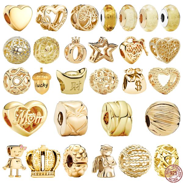 Perline con ciondoli da donna in argento sterling 925, serie rotonda, placcata in oro, adatte per bracciali, collane, gioielli da regalo originali da donna