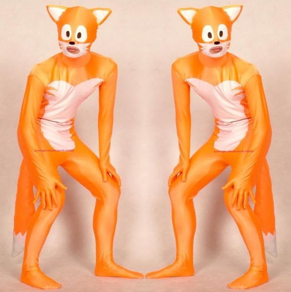 OrangeWhite Lycra Spandex Fox Catsuit Traje Unissex Roupa Completa Sexy Mulheres Homens Collants Bodysuit Trajes Voltar Zipper Halloween Pa3563447