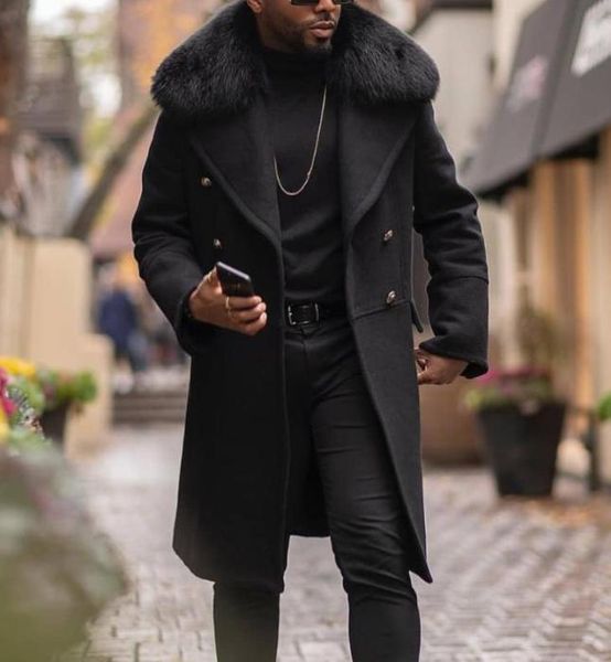 Designer masculino lã trench coat gola de pele do falso moda inverno negócios longo grosso fino ajuste casaco jaqueta parka roupas masculinas plus8007300