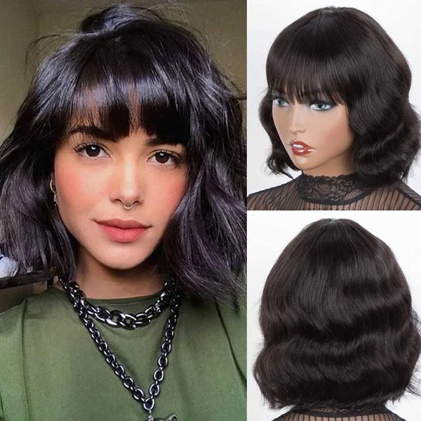 Perucas de cabelo curto onda do corpo bob perucas de cabelo humano natural remy perucas de cabelo brasileiro com franja cor ombre para preto 240306