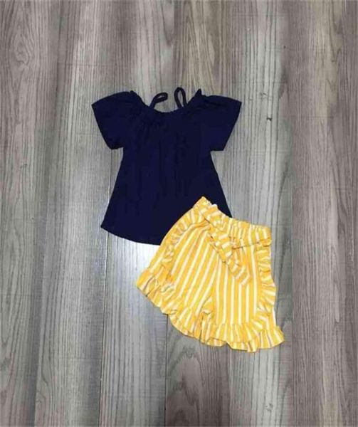 Sommer Baby Mädchen Solid Navy Shirt Stripe Yellow Shorts 2108048636590