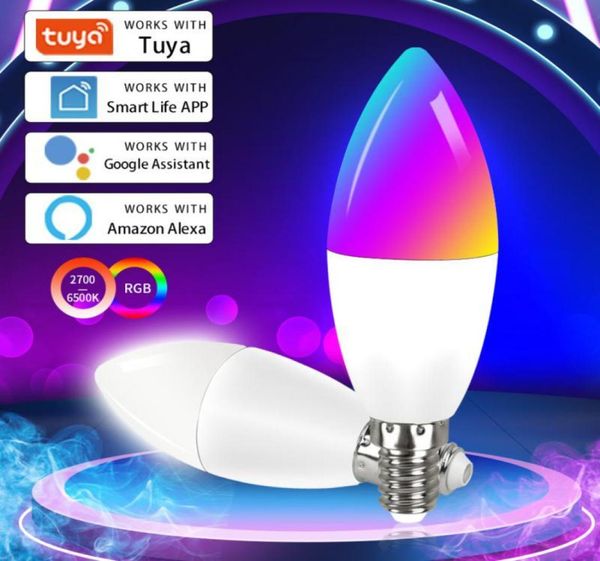 Módulos de automação inteligente Tuya Wifi LED Bulb E14 RGB CW Lâmpada regulável Controle de voz Magic 7W Candle Work com Alexa Google Home Ass8880296