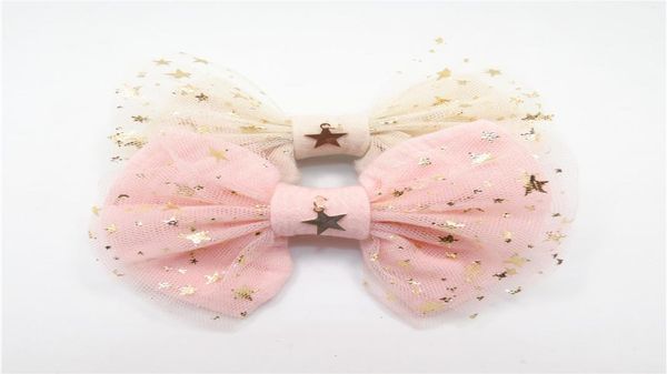 10 pzlotto fata ragazza fiocco per capelli clip oro rame stella pendente rosa chiaro glitter stella tulle fiocco nodo barrette dolce tornante1222229