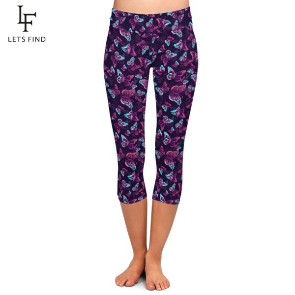 I leggings lasciano farfalfie 3d viola e neon farfalle ad alta quagitto e neon stampare allungamento midcalf 3/4 pantaloni estate donne sexy fitness capri leggings