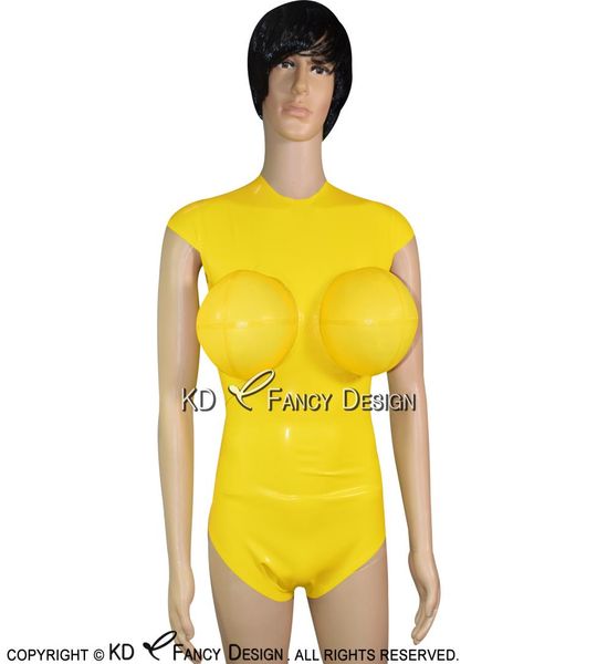 Şişme göğüsleri ve kapalı kollar vücut takım elbise ile sarı seksi lateks mayo kostümleri catsuit kauçuk bodysuit 02126379179