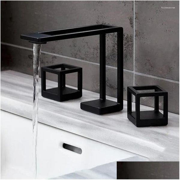 Rubinetti per lavandino del bagno Rubinetto di design Nero opaco Griglia quadrata Rubinetto per acqua 3 fori Miscelatore per lavabo freddo montato su ponte separato Consegna a goccia H Dhqd4