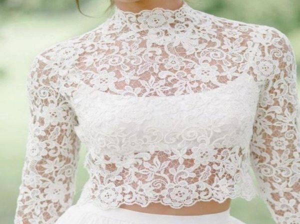 Manga longa vintage rendas apliques jaqueta de noiva alta pescoço floral casamento boleros jaquetas manga longa nupcial branco marfim envoltório cust6855199