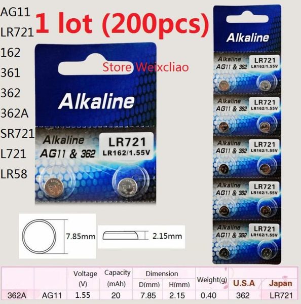 200 peças 1 lote AG11 LR721 162 361 362 362A SR721 L721 LR58 155V bateria alcalina de célula tipo botão baterias tipo moeda 6499036