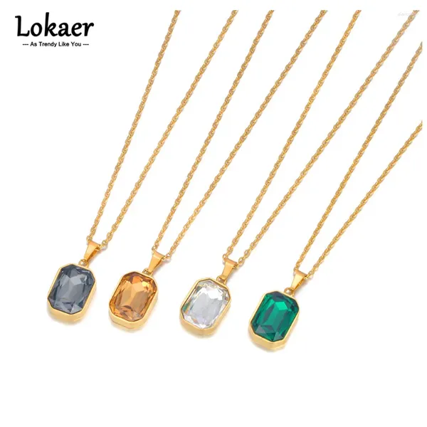 Anhänger Halsketten Lokaer Funkelnde Edelstahl Geometrische Quadratische Zirkonia Kristall Halskette Schmuck Für Frauen N23076