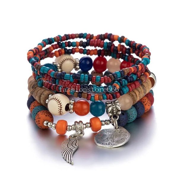 Braccialetti con ciondoli elasticizzati moda Donna Parigi Torre Ala Baseball Design etnico bohémien Braccialetti con perline Multistrato Mens Cristallo Elastico Perline di riso Gioielli Pulseras