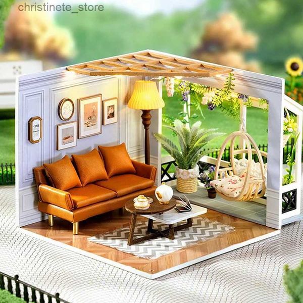 Arquitetura/Casa DIY Kit de Casa de Bonecas DIY com Móveis e Café Leve Casa de Boneca em Miniatura Brinquedo Modelo de Madeira para Presentes de Aniversário Adultos