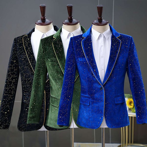 Conjunto masculino de 2 peças com jaqueta Veet dourada para performance em palco (blazer + calça)