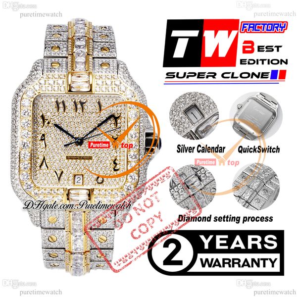 40 mm XL Pave Diamond-Set A2824 Automatik-Herrenuhr TWF Zweifarbiges Gelbgold mit Diamanten im Baguetteschliff, arabisches Schriftzugzifferblatt, Iced Out-Stahlarmband, Super Edition Puretime