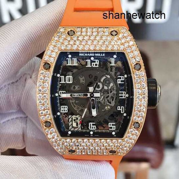 Relógio feminino relógio esportivo RM Relógio Rm010 Relógio mecânico automático Série Rm010 Ouro rosa Platina Full Hollow Rose Gold Cronógrafo traseiro com diamante