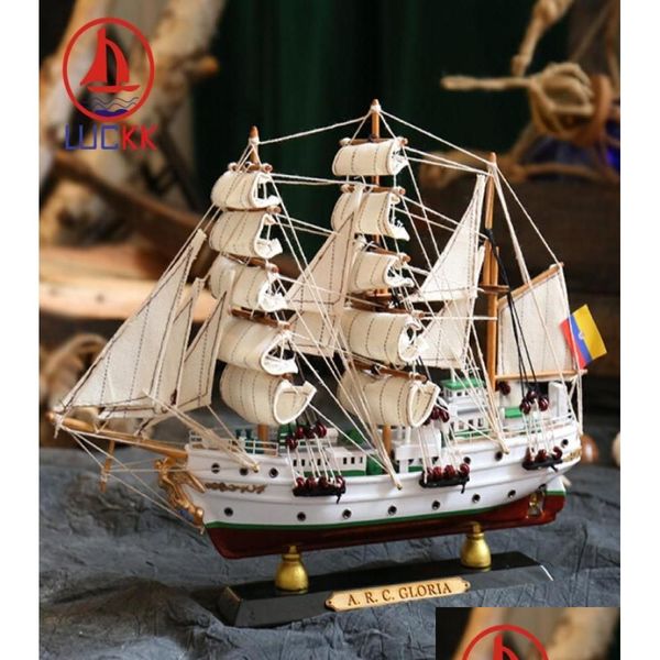 Oggetti decorativi Figurine Luckk Simation Arc Gloria Modello di barca a vela in legno Colombia Navi nautiche Interni moderni per la casa Deco Dhifu