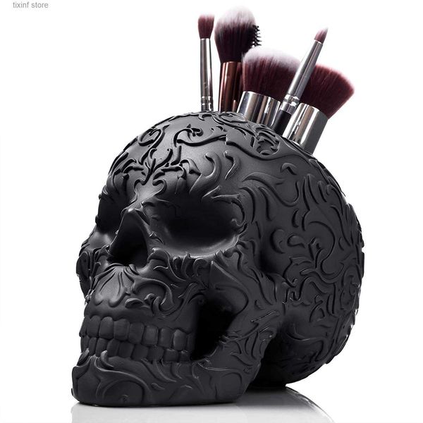 Oggetti decorativi Figurine Nuovo Halloween Personalizzato Testa di teschio Cranio Portaspazzole per trucco Portapenne Decorazione Decorazione della casa e della stanza Ornamenti T240306