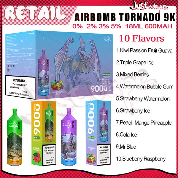 Airbomb Tornado 9000 Puff Disponível e cigarros e malha bobina 18ml pod 600 mAh bateria eletrônica CIGS PHUFF 9K 0% 2% 3% 5% 10 sabores PAPE PEN
