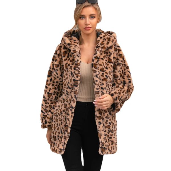 Pelz 2023 Winter frauen Mantel Mid Lange Mit Kapuze Leopard Faux Pelzmantel Frauen Warme Plüsch Jacet Flauschigen Mantel Plus größe Neue in Oberbekleidung