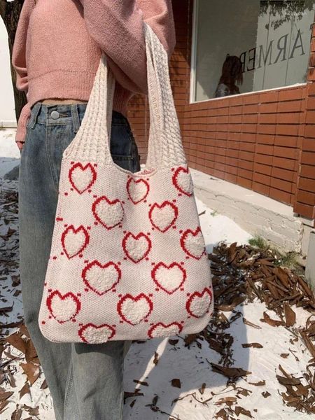 Abendtaschen Y2K Koreanisches Herz Häkeln Stricken Beige Tasche Ästhetische Gestrickte Geldbörse Shopper Schulter Stricken Geldbörsen Große Kapazität Tote Frauen