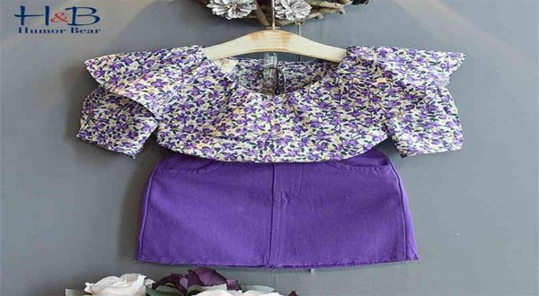 Юмор Медведь Комплект одежды для девочек Летняя короткая рубашка с цветочным принтом Джинсовая фиолетовая юбка Костюмы 2 шт. Повседневная детская 2108044091925