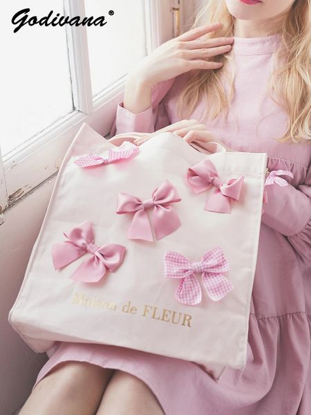 Japonês artesanal costura rosa arco embelezado bolsa de ombro eco lona feminina casual compras 240306